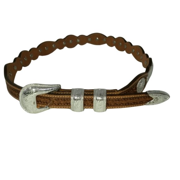 Tony Lama Belt, Brown Leather Western Belt Silver Tone Hardware Size 30 in Waist - Picture 1 of 13